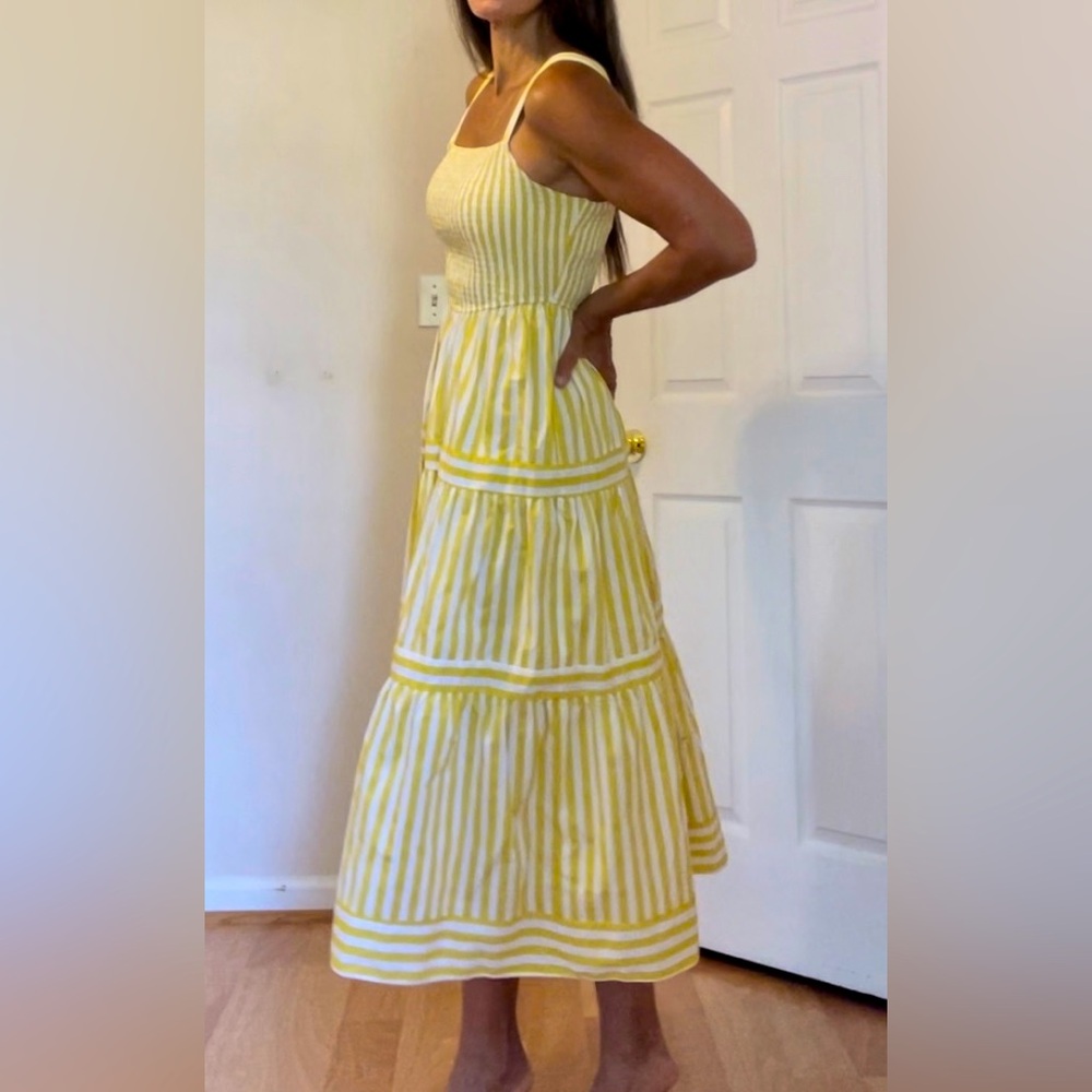 Lucy Paris striped white and yellow sundress. Flattering ruching on top.